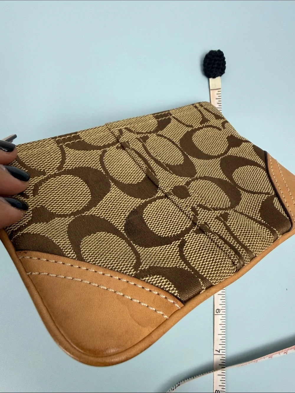 Coach Brown Signature Canvas Wristlet with Tan Leather Accents